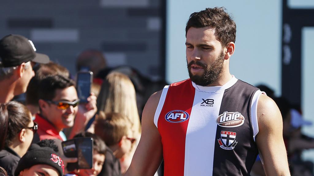 paddymc1TR230219DP0007.jpg Paddy McCartin greets Saints fans during the 2019 pre-season. Picture: AFL Photos - AFL,Update,News,St Kilda Saints,Paddy McCartin,Game